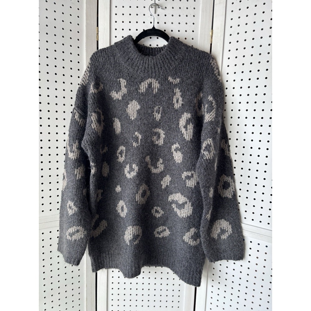 Universal Thread Mock Women's LG Turtleneck Tunic Sweater Dark Gray Leopard